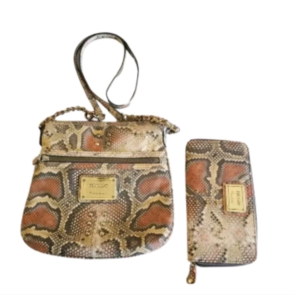 Nicole Miller SET Faux Snakeskin Shoulder Bag + Matching Wallet Bundle